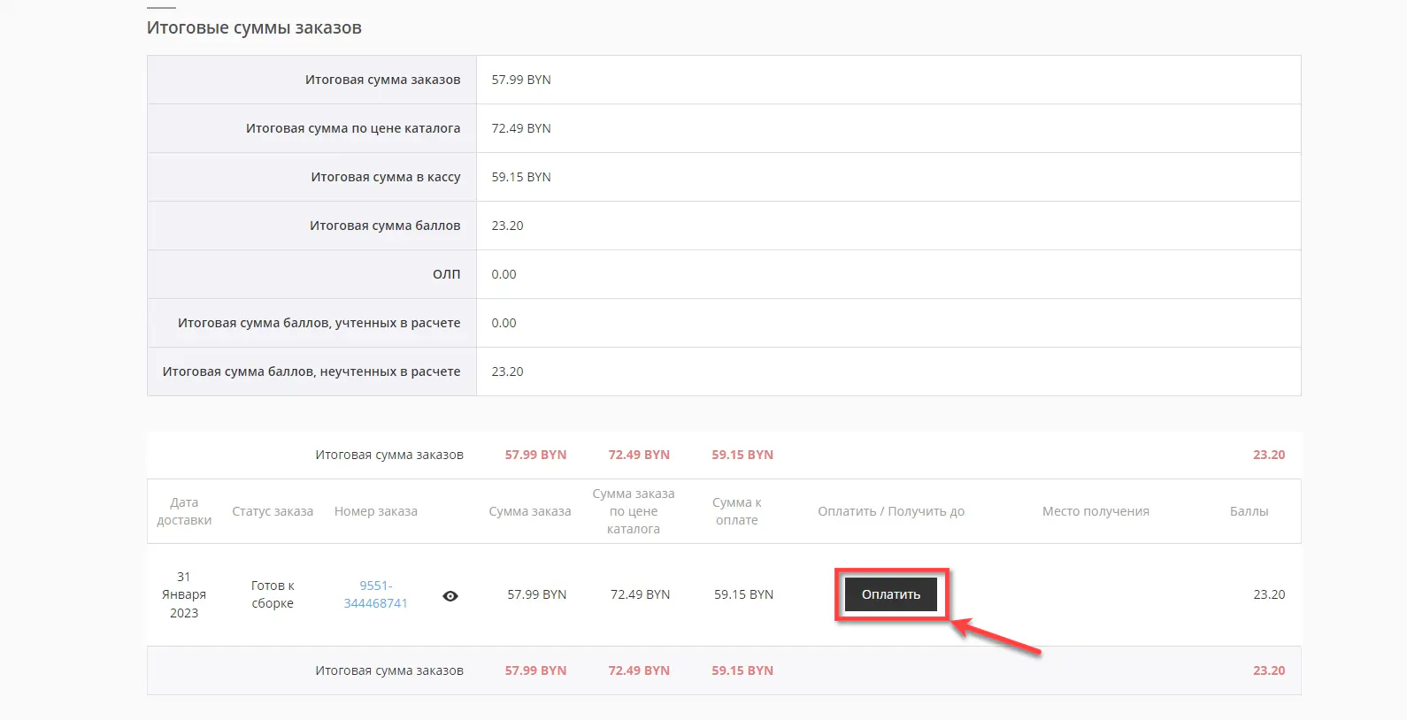 Кнопка оплаты заказа
